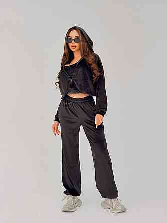 Жіночий стильний повсякденний велюровий костюм-трійка Чорний, 46/48 Одеса