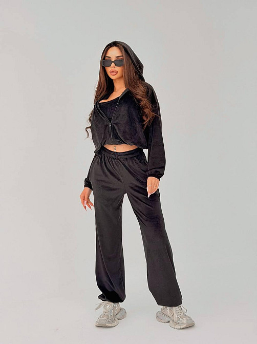 Жіночий стильний повсякденний велюровий костюм-трійка Чорний, 46/48 Одеса - фото 2