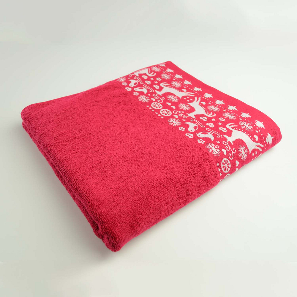 Махровое банное полотенце Новогоднее Merry Christmas Олени GM Textile 70х140см 500г/м2 (Красный) Сумы - изображение 1