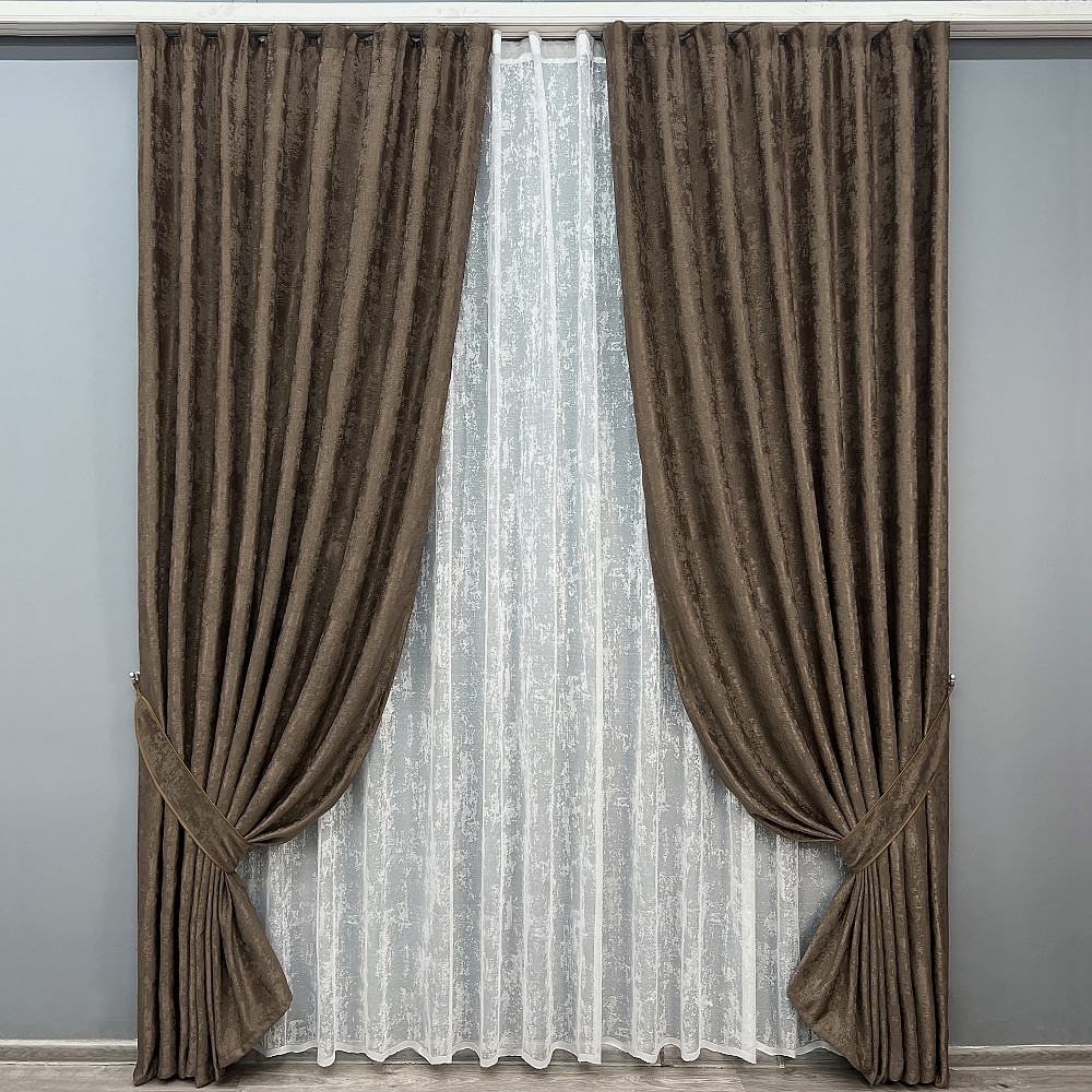 Комплект штор VR-Textil Жакард Мармур 200х270 2шт і Тюль 500х270 1557ш-1400т Коричневий з білим 71-190/6 Київ - фото 1