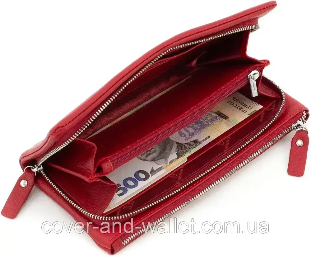Червоний тонкий жіночий гаманець на дві блискавки з натуральної шкіри ST 022 Київ - фото 4