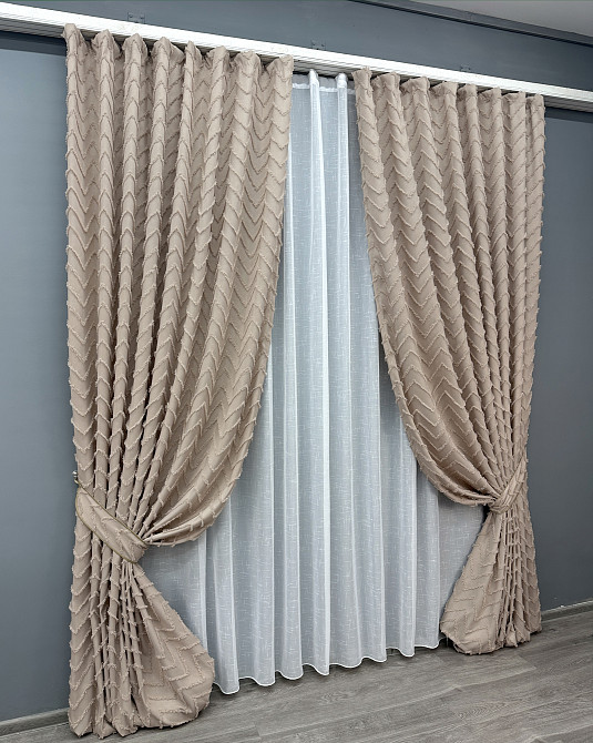 Комплект штор VR-Textil Лен Букле 100х270 2шт и Тюль 400х270 1813ш-115т Пудровый с белым 71-039/2 Киев - изображение 2