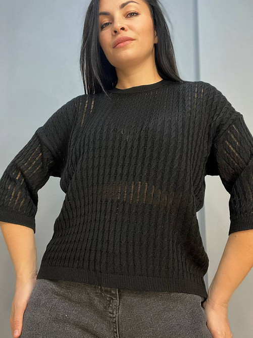 Джемпер женский KARON 10646 полупрозрачный реглан ажурная вязка косичка короткий рукав one size, черный, one size Киев - изображение 15