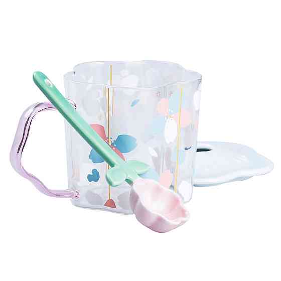 Чашка скляна 500 мл з ложкою та кришкою, блакитна Київ