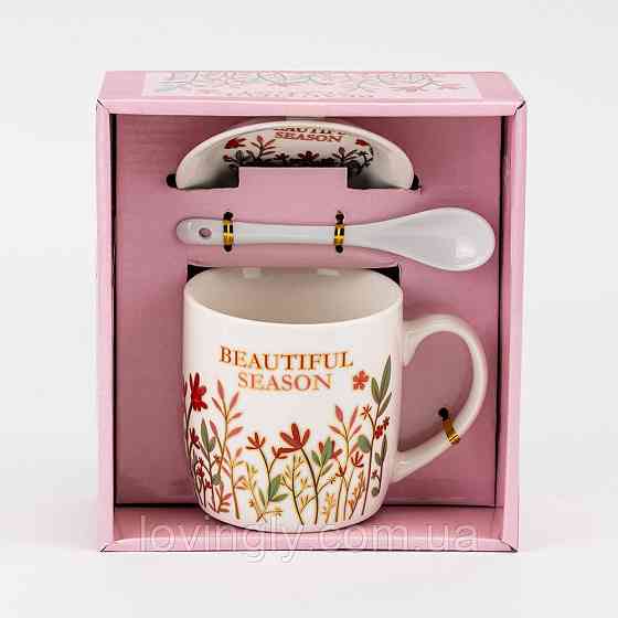 Подарочная чашка с блюдцем и ложкой - цветочный дизайн, яркая коробка, универсальный подарок женщине, маме, подруге Ирпень
