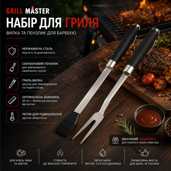 Набор для гриля GRILL MASTER, вилка и кисточка для барбекю, нержавеющая сталь, 49 см, аксессуары для гриля Киев
