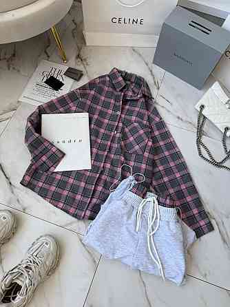 Женский повседневный костюм двойка: рубашка в клетку и штаны фланель + двунитка Серый 2, 48/52 Одесса