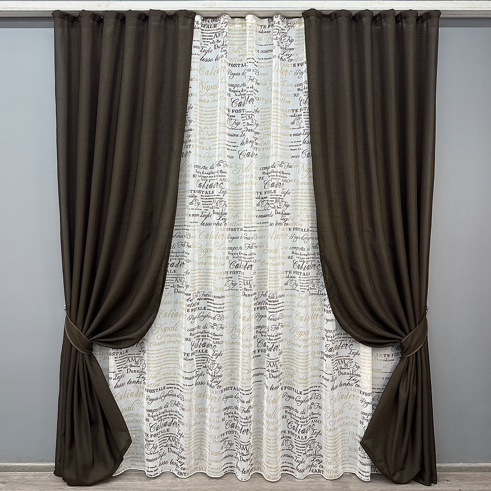 Комплект штор VR-Textil Лен Мешковина 100х270 2шт и Тюль 400х270 107ш-1790т Венге с белым 71-062/2 Киев - изображение 1