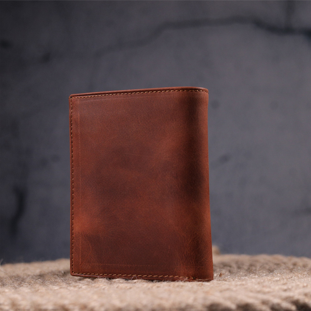 Мужское вертикальное портмоне без застежки в винтажной коже KARYA 21363 Рыжий Киев - изображение 10