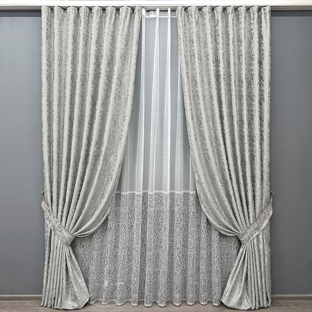 Комплект штор VR-Textil Льон Мармур 150х270 2шт і Тюль 400х270 1263ш-1672т Світло-сірий з білим 71-167/3 Київ - фото 1