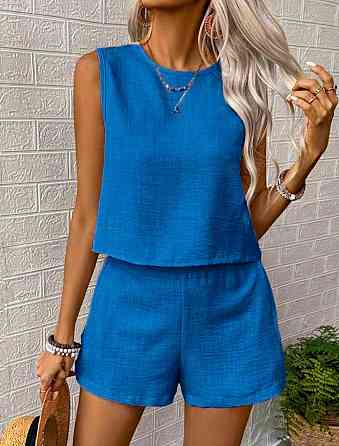 Жіночий літній костюм-двійка: топ і шорти жатий льон Синій, 42/44 Одеса