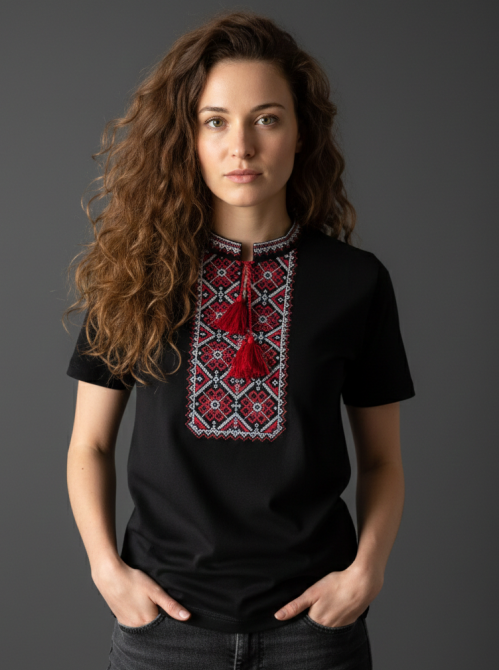 Жіноча вишита футболка чорна з яскравим червоно-білим орнаментом XL Київ - фото 1