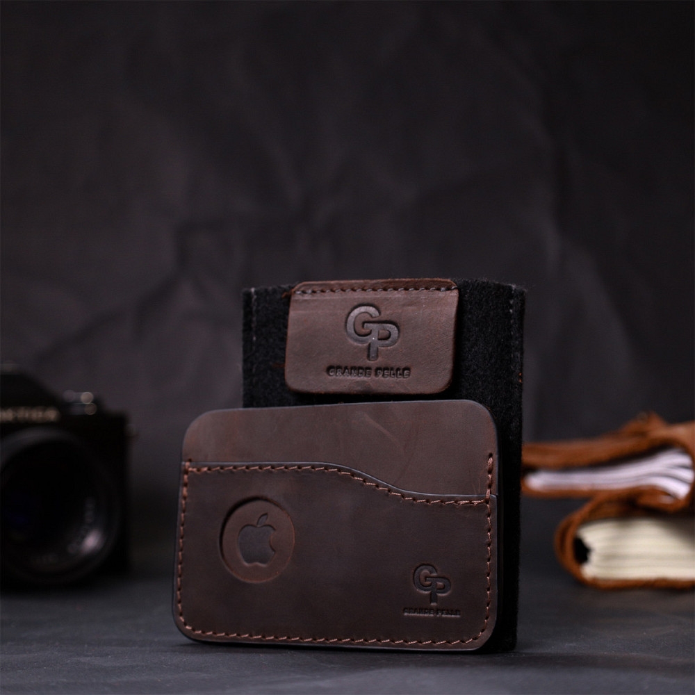 Удобный картхолдер с держателем для Apple AirTag из натуральной кожи GRANDE PELLE 11612 Коричневый Киев - изображение 7