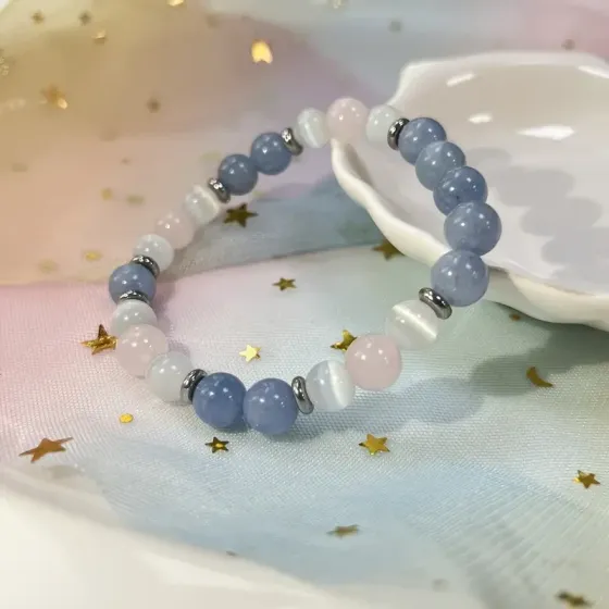 Браслет с аквамарином, розовым кварцем и селенитом – энергетический талисман гармонии и любви Киев