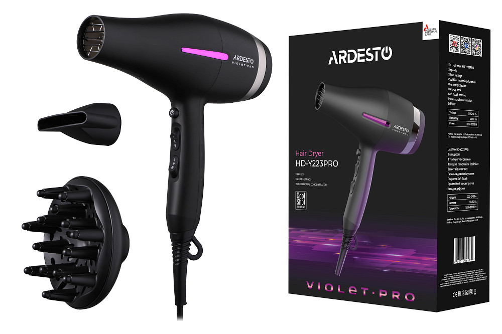 Фен ARDESTO Violet PRO HD-Y223PRO, 1850-2200Вт, 2 швидкості , 3 темп.режими, дифузор, чорний Київ - фото 7