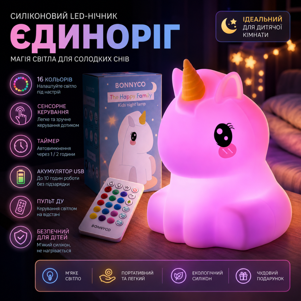 Силіконовий LED-нічник «Єдиноріг» для дітей | 16 кольорів, сенсорне керування, пульт, таймер, акумуляторний USB Київ - фото 8