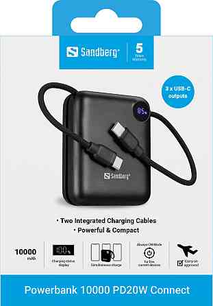 УМБ Sandberg 10000mAh 20W PD,QC3.0, USB-C In/Out, PowerThru, with built-in 2xUSB-C cables Винница