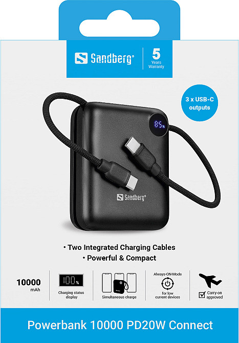 УМБ Sandberg 10000mAh 20W PD,QC3.0, USB-C In/Out, PowerThru, with built-in 2xUSB-C cables Винница - изображение 5
