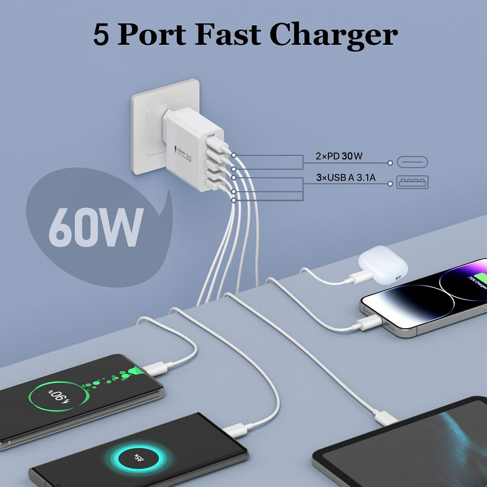 Адаптер живлення QC3.0 3*USB 2*Type C Nongxiang HNT-PD6601 60W Луцк - изображение 3