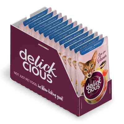 Влажный корм для кошек Delickcious Кусочки с лососем и мидиями в соусе 85 г (4820269143135) Винница