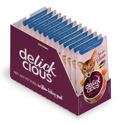 Влажный корм для кошек Delickcious Кусочки с лососем и мидиями в соусе 85 г (4820269143135) Винница - изображение 2