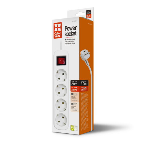 Фільтр мережевий 4 розетки 2м білий CW-PSEA42W ColorWay Житомир