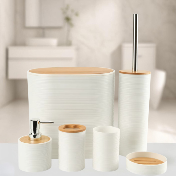 Набор аксессуаров 6в1 для ванной комнаты и душа, урна,дозатор для мыла, мыльница, стаканы,ёршик белый Каменец-Подольский