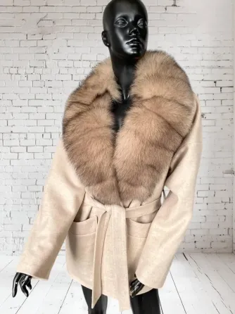 Женское пальто с меховым воротником Бежевый 2, 46 Харьков