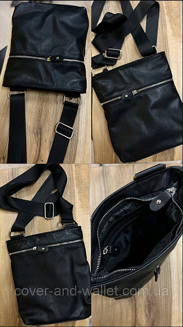 Стильная тонкая мужская сумка на плечо из итальянской кожи черного цвета PS Leather Киев - изображение 7