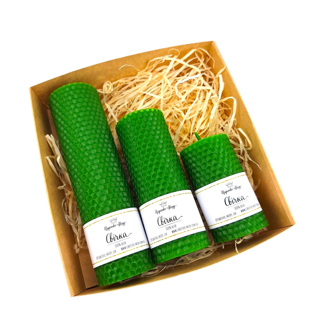 Набір свічок з вощини Царство Меду 8,5 см, 13 см, 17,5 см зелений. Одеса - фото 1