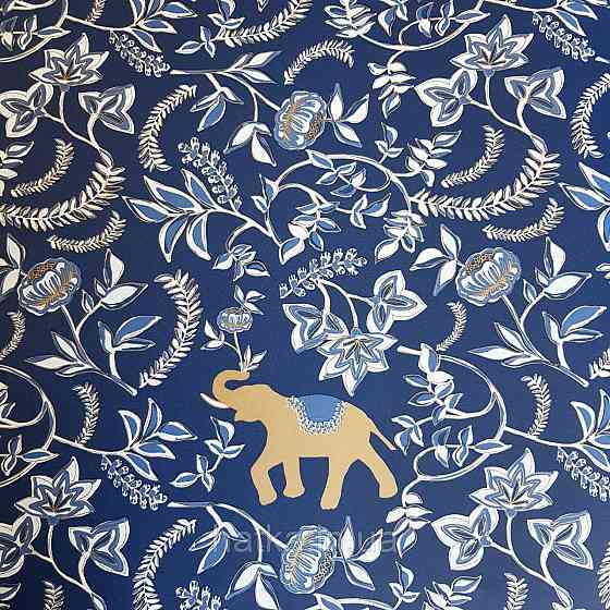 Шпалери вінілові на флізелін Caselio Mystery 0.53х10 м дитячі яскраві блакитні квіти білі слони золотом на Київ