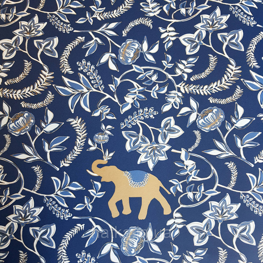 Шпалери вінілові на флізелін Caselio Mystery 0.53х10 м дитячі яскраві блакитні квіти білі слони золотом на Київ - фото 1