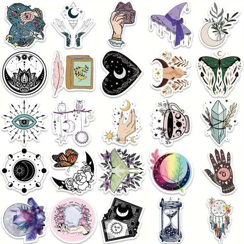 Набір відьомських стікерів – 50 шт, до 5,6 см, водостійкі наліпки: місяць, таро, кристали, око, магія Київ - фото 3
