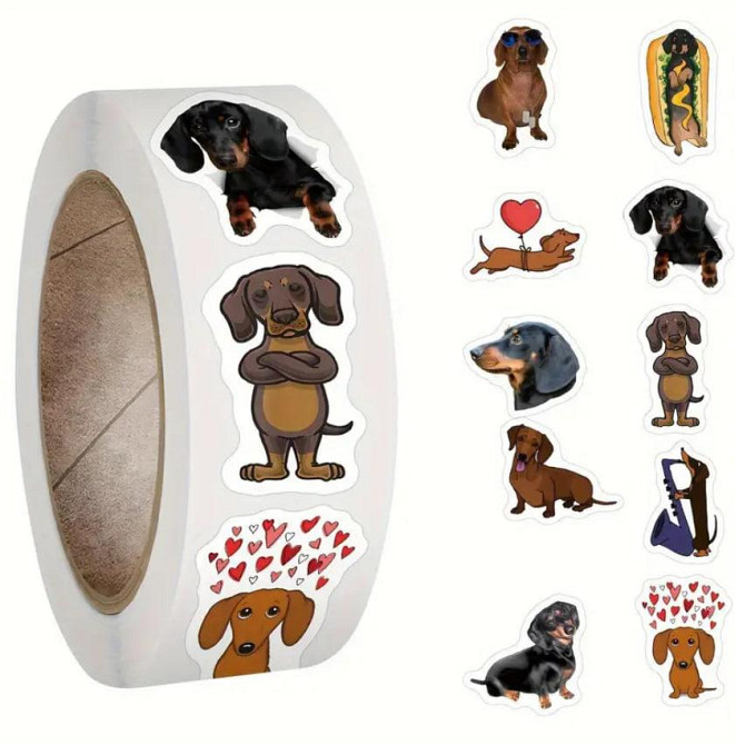 Набір із 500 наклейок із таксами — кольорові стікери 2.5×2.5 см | Стікер-етикетки для пакування Київ - фото 1