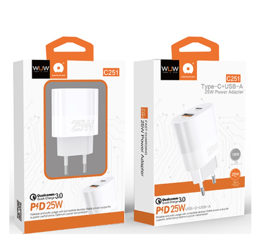 Мережевий зарядний пристрій WUW-C251 25W PD USB-C + USB QC3.0 18W Одеса - фото 2