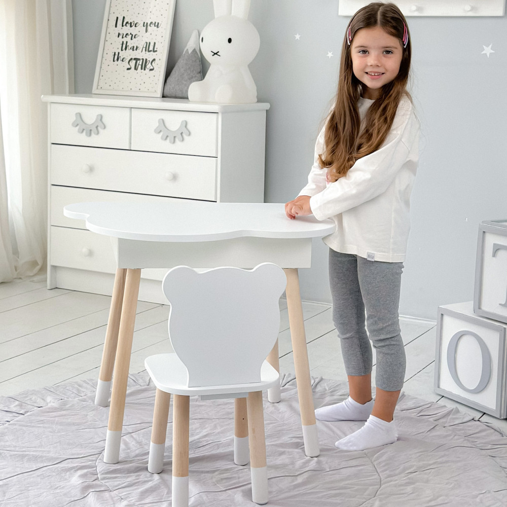 Столик хмаринка з нішею для речей 54х68х50 і стільчик спинка в формі медведика 26х26х24, стіл та стілець в дитячу кімнату, білий Кам'янське - фото 2