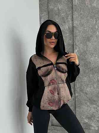 Женская стильная оверсайз худи с капюшоном на молнии петля пенье + турецкая рибана Одесса