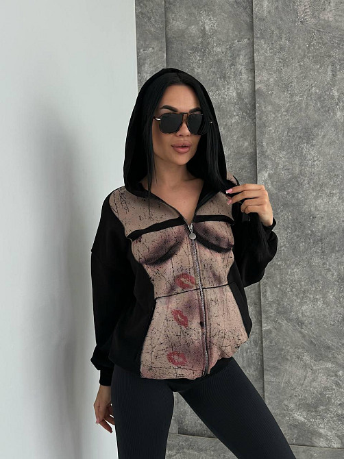 Женская стильная оверсайз худи с капюшоном на молнии петля пенье + турецкая рибана Одесса - изображение 1