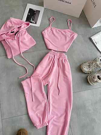 Жіночий повсякденний костюм-трійка: кофта топ і штани двонитка Рожевий, 46/48 Одеса