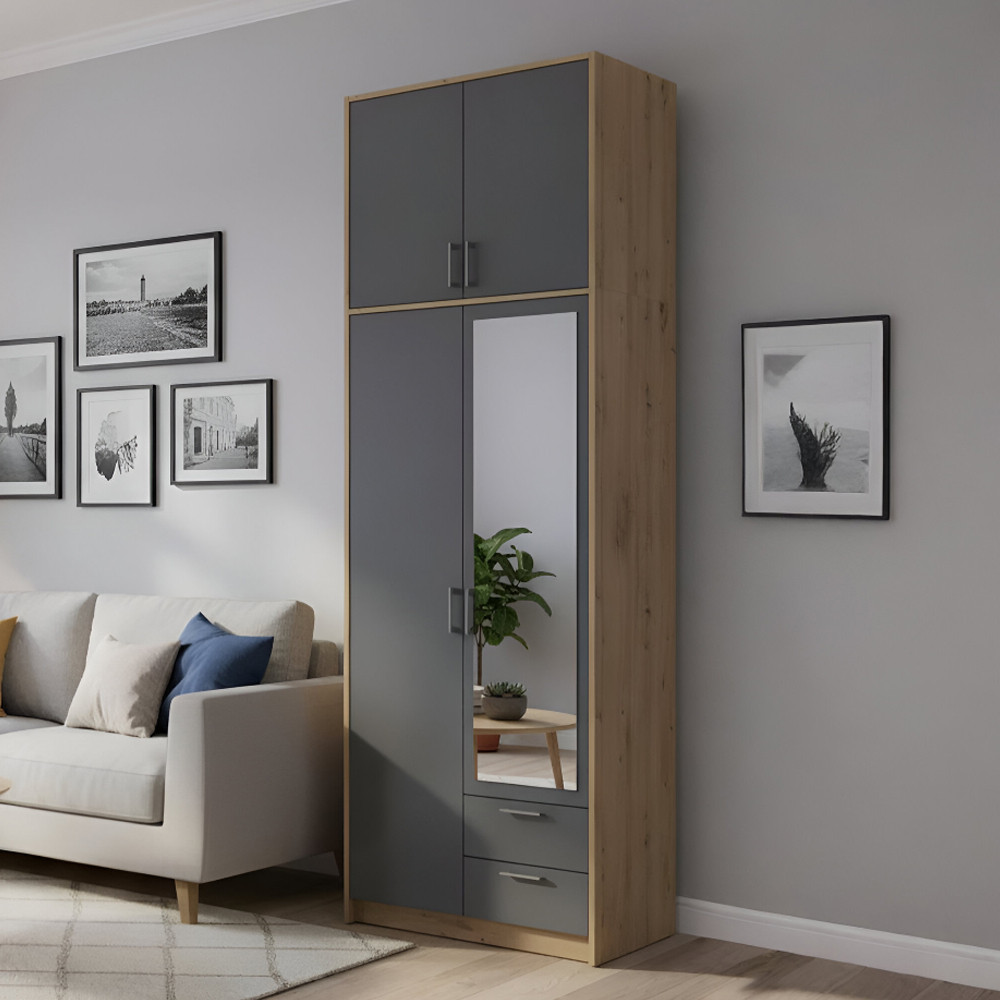 Шкаф для одежды Doros Ронди с высокой антресолью и зеркалом Дуб Артизан/Графит 2 ДСП 82х52х260 (DRS-011871) Днепр - изображение 1