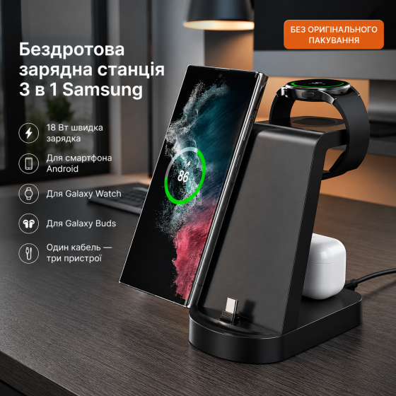 Бездротова зарядна станція 3 в 1 G618S 18W для екосистеми Samsung Без оригінального пакування (Для телефонів Android, Galaxy Watch Київ