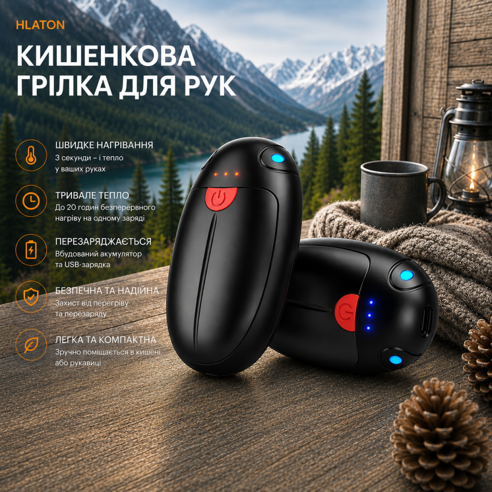 Комплект аккумуляторных грелок для рук HAWANA 2-в-1 — до 20 часов тепла, 3 режима нагрева, Aluminum Premium Киев - изображение 1