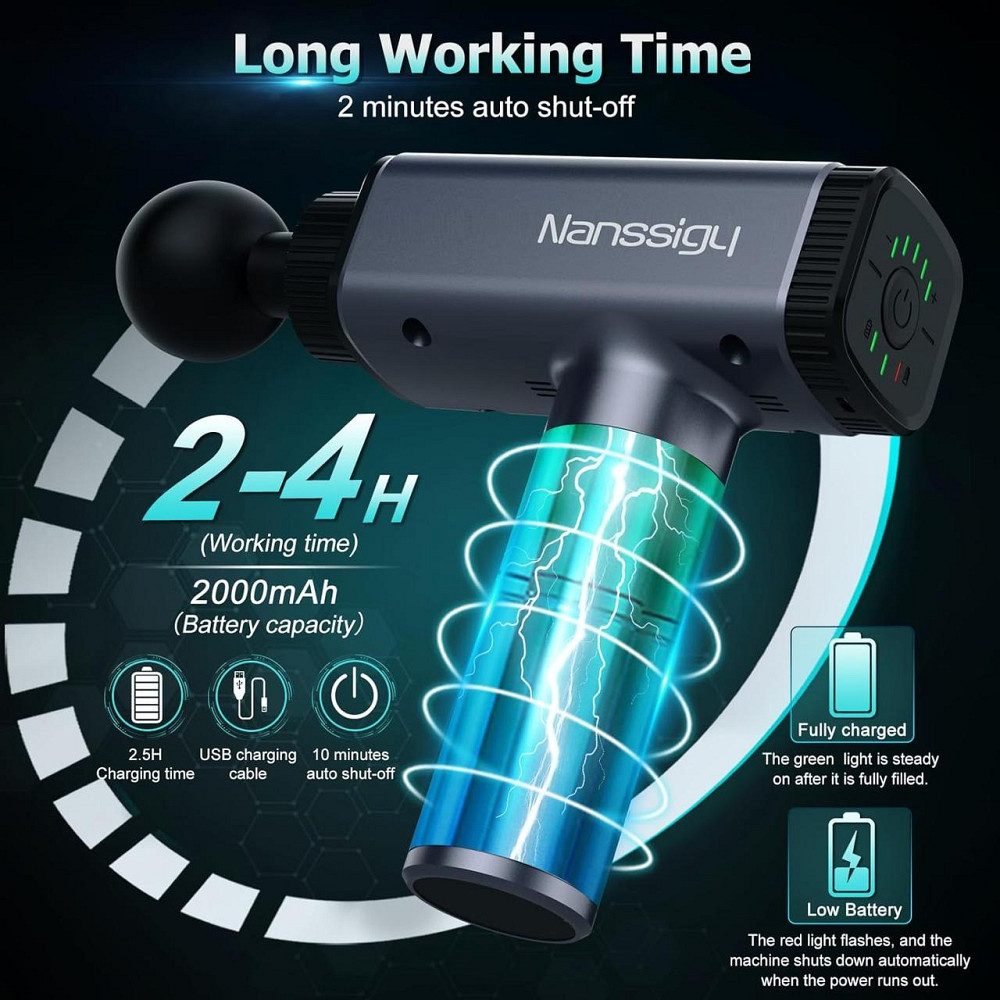 Перкусійний масажер Nanssigy: професійний масажний пістолет для м'язів, 5 швидкостей, 6 насадок, LED-екран Київ - фото 13