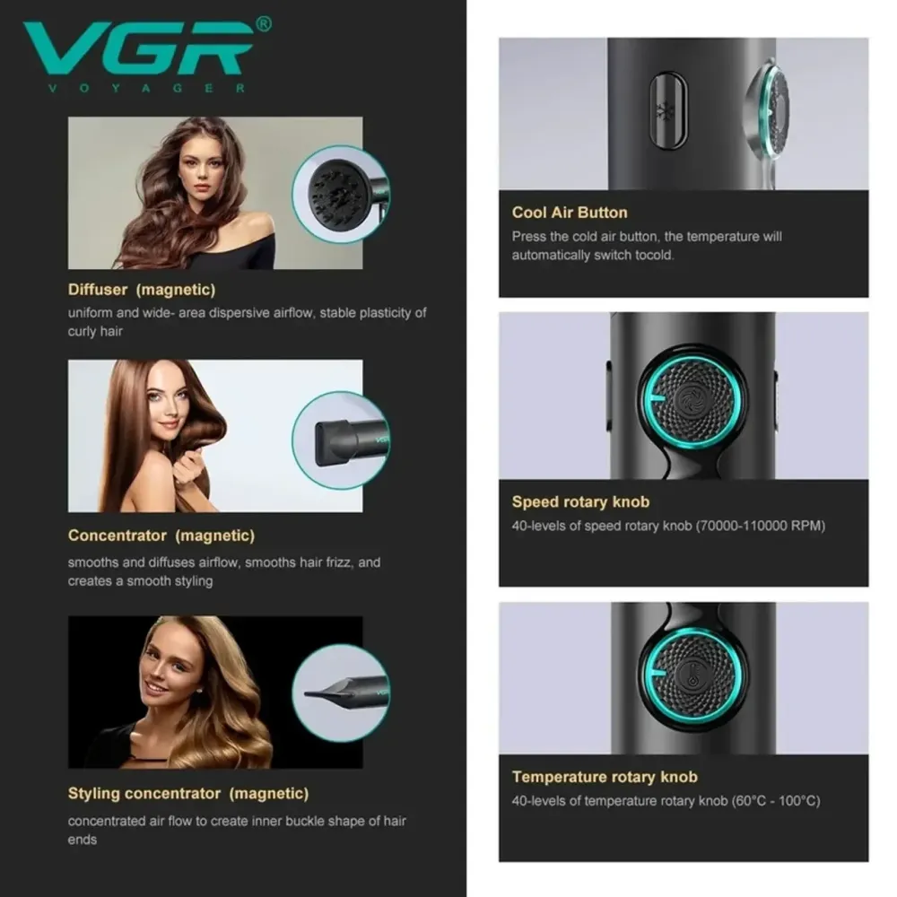 Фен для волос VGR V-401 2000Вт складной с холодным обдувом, 3 температуры и 2 скорости Одесса - изображение 5