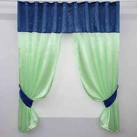 Кухонные шторы VR-Textil № 073к с ламбрекеном и подхватами салатовый с синим 270х170 см (52-0271) Киев
