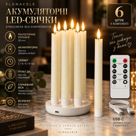 Аккумуляторные LED-свечи Eldnacele 6 шт, зарядная база USB-C, 3D-фитиль, пульт ДУ, таймер, настоящий воск Киев