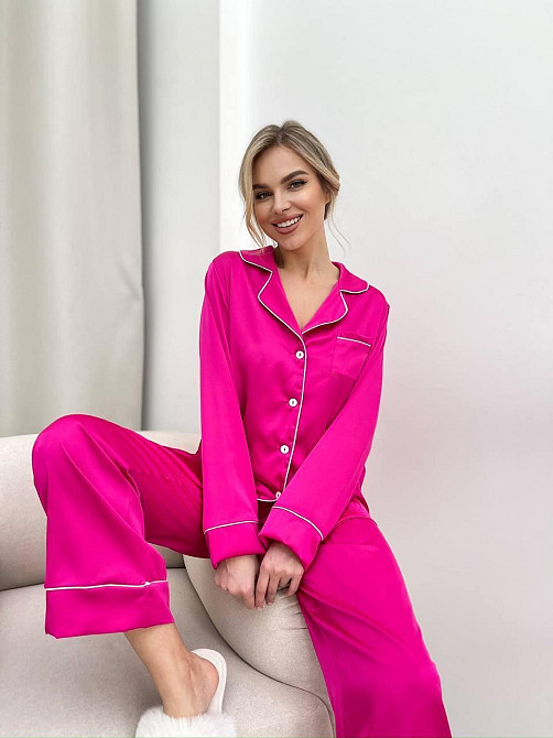 Жіноча стильна піжама двійка: сорочка і штани з шовку Армані. Малина, 44/46 Одеса - фото 6