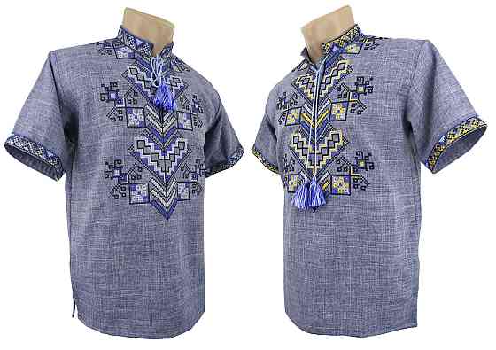 Чоловіча вишиванка на короткий рукав в джинсовому кольорі «Дерево життя» Київ