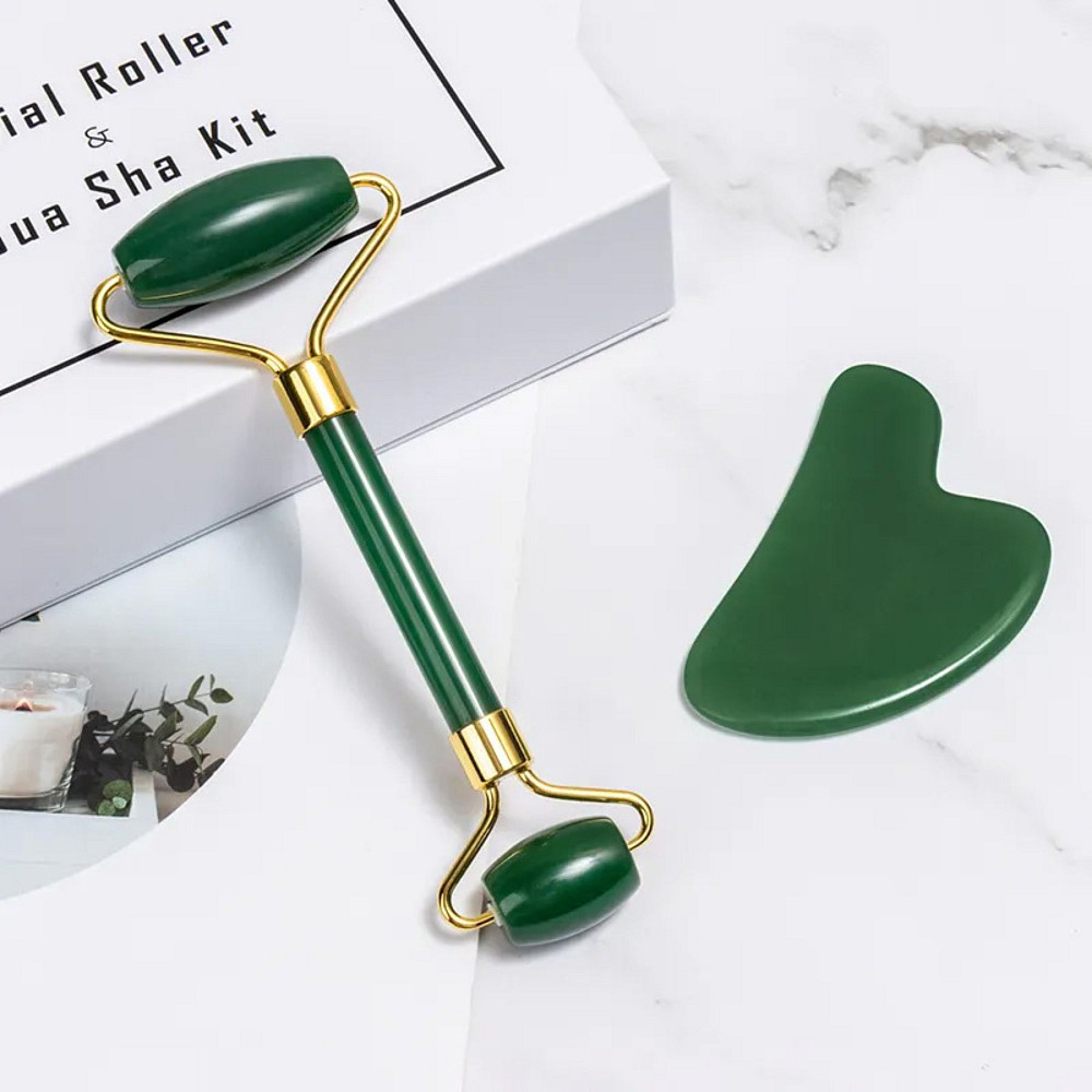 Набір для обличчя із зеленого нефриту: роликовий масажер і скребок Гуаша Reclaire cosmetics Київ - фото 10
