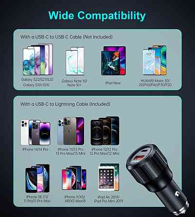 Автозарядка 2xUSB 63W (USB-C+USB-A) PD45W+QC3.018W чорна Choetech Винница